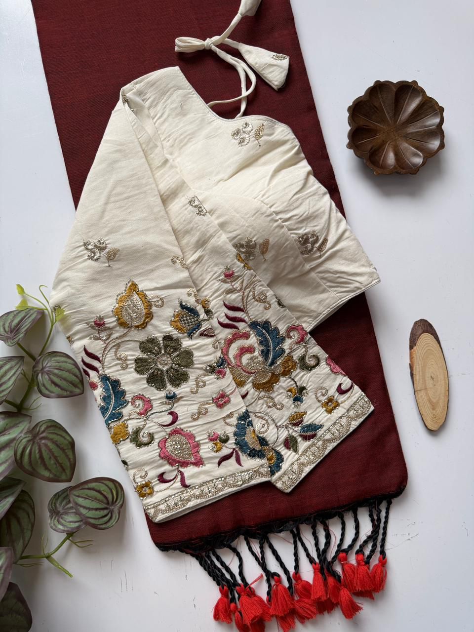 Dharma Exclusive - Maroon Handloom Cotton Saree With Havy Embroidery Stitched Blouse