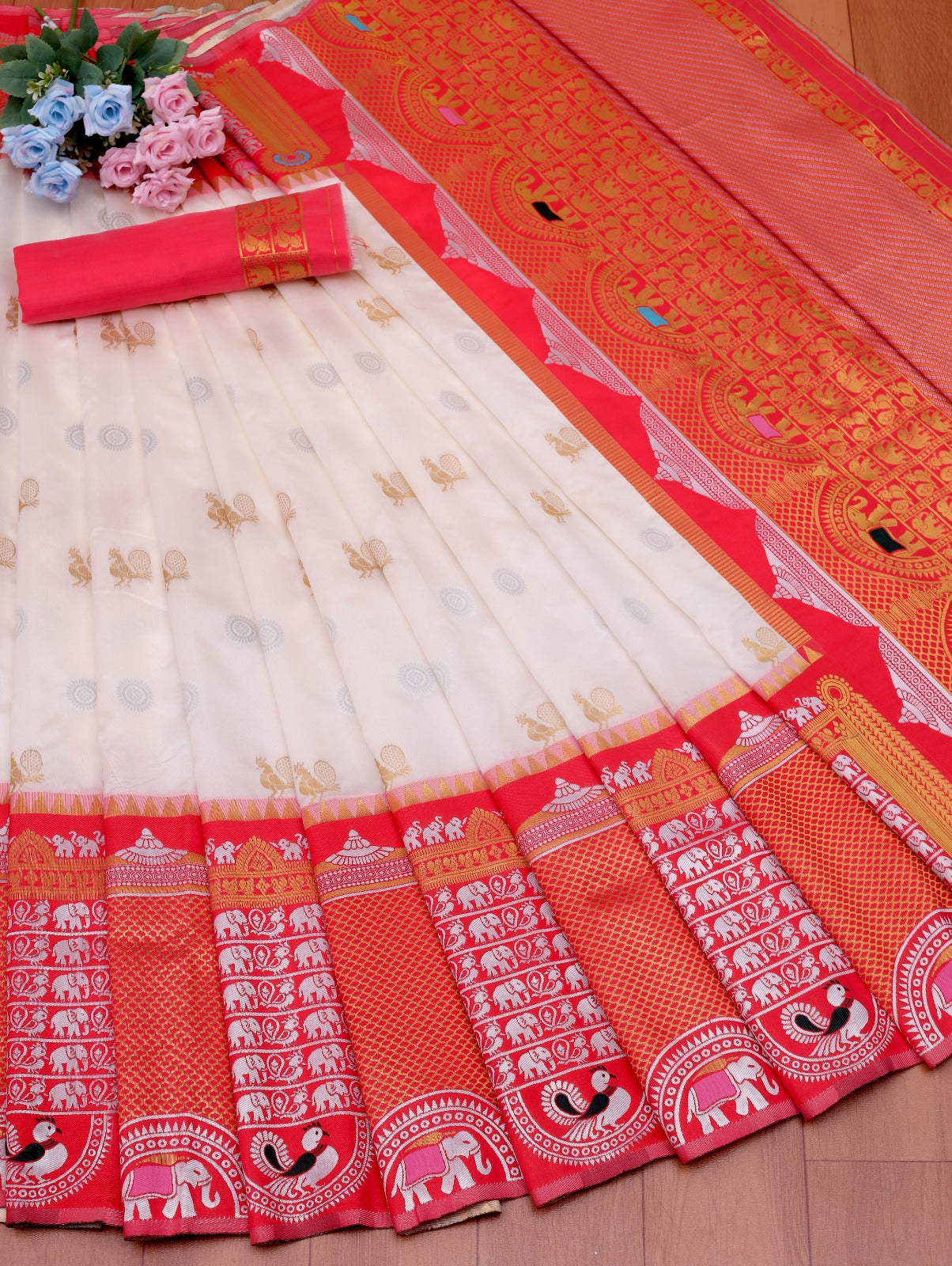 White & Red Soft Banarasi Silk Saree With Zari Weaving Work