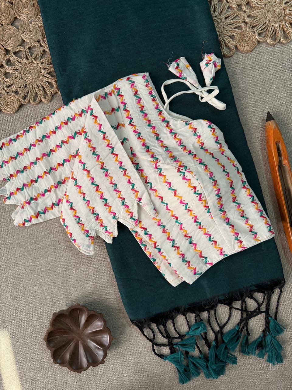 Dharma Exclusive - Rama Handloom Cotton Saree With Havy Embroidery Stitched Blouse