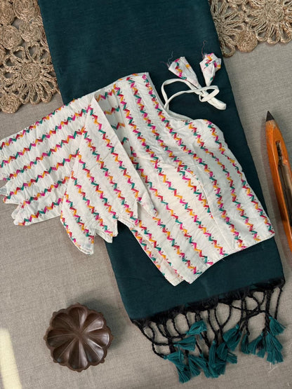 Dharma Exclusive - Rama Handloom Cotton Saree With Havy Embroidery Stitched Blouse