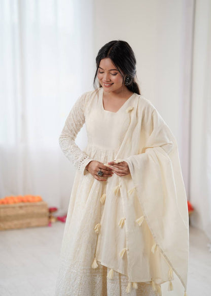Elegant Off-White Pure Kora Cotton Anarkali Suit Set