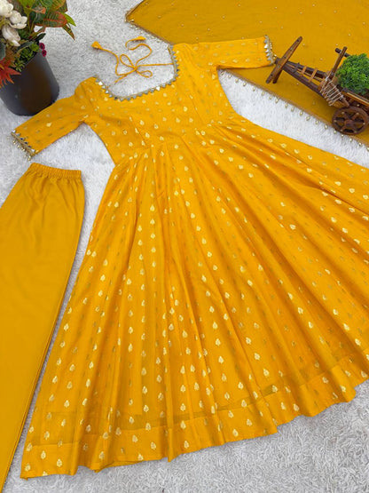 Elegant Mustard Yellow Chanderi Jacquard Anarkali Suit Set with Mirror Work