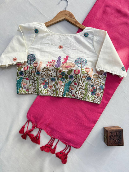 Pink Handloom Cotton Saree With Stitched Embroidery Blouse