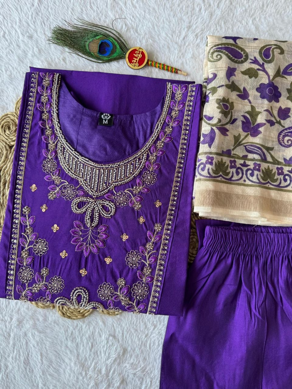 Premium Roman Silk Embroidered Suit Set with Kalamkari Dupatta