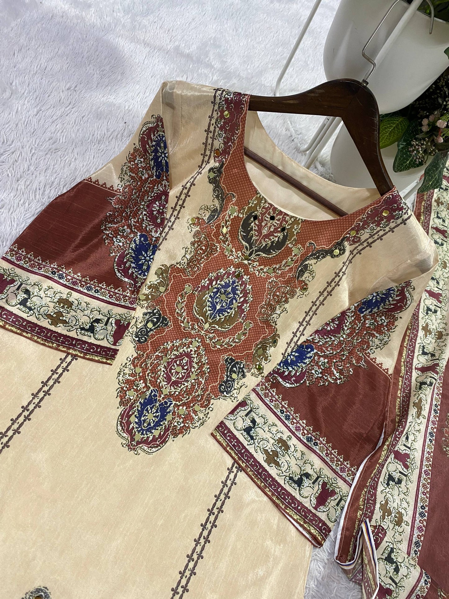 Very Attractive Beige and Maroon Printed Chinon Suit Set With Mirror Work