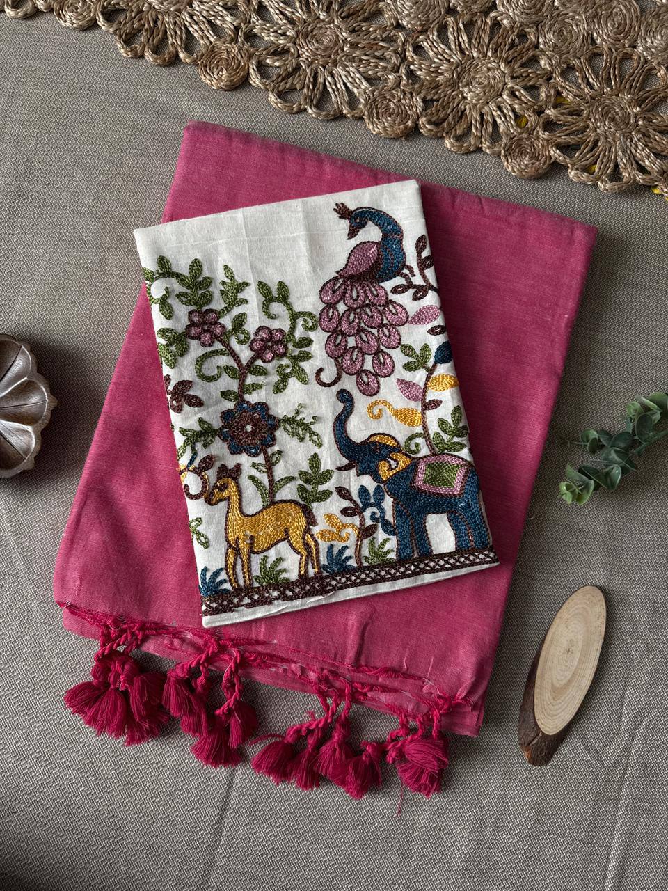 Baby Pink Handloom Cotton Saree With Havy Embroidery Blouse