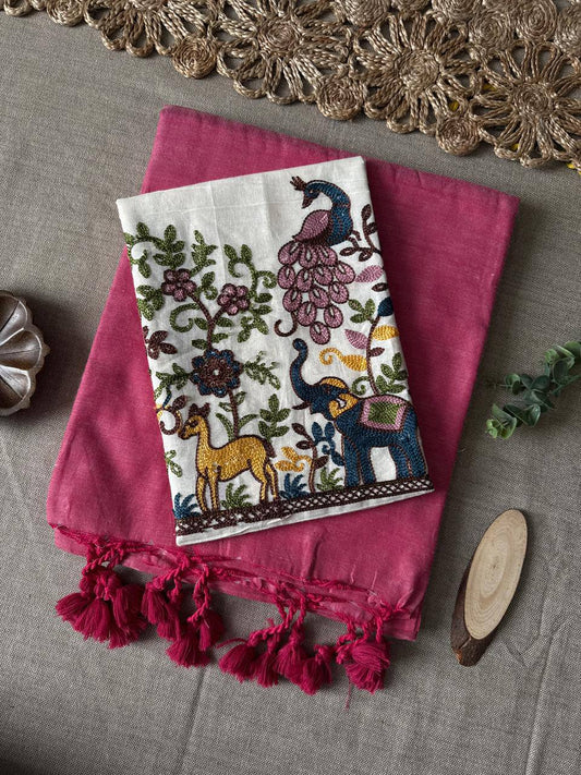 Baby Pink Handloom Cotton Saree With Havy Embroidery Blouse