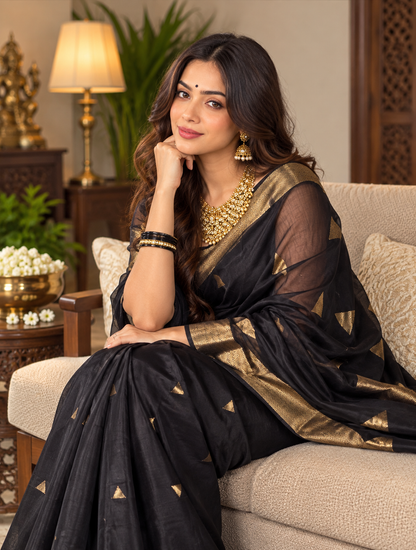 Premium Black Linen Silk Saree with Antique Gold Zari Border