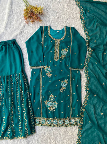 Festive Teal Green Fox Georgette Designer Suit Set with Embroidered Dupatta