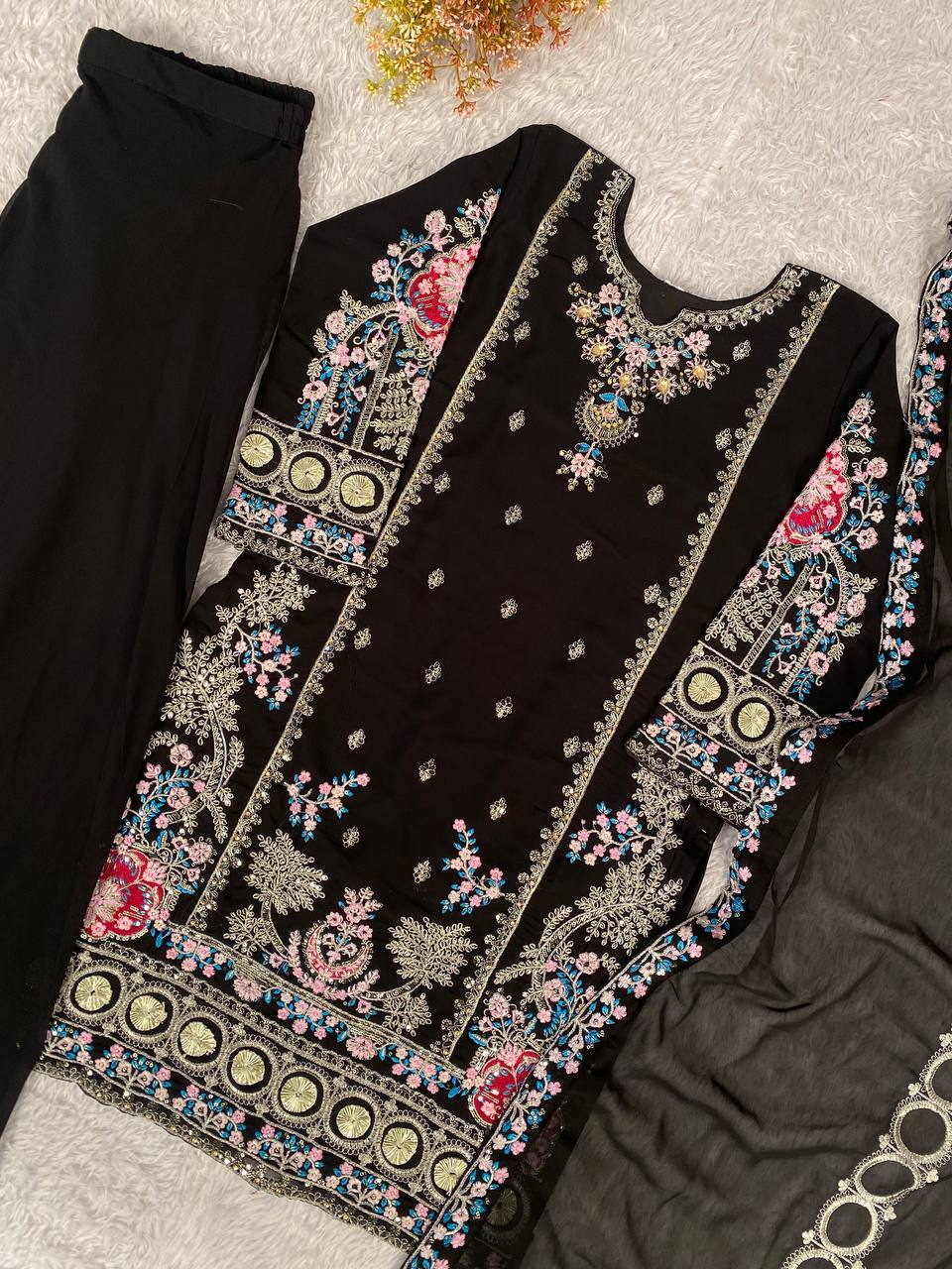 Elegant Black Fox Georgette Designer Suit Set With Embroidery Dupatta