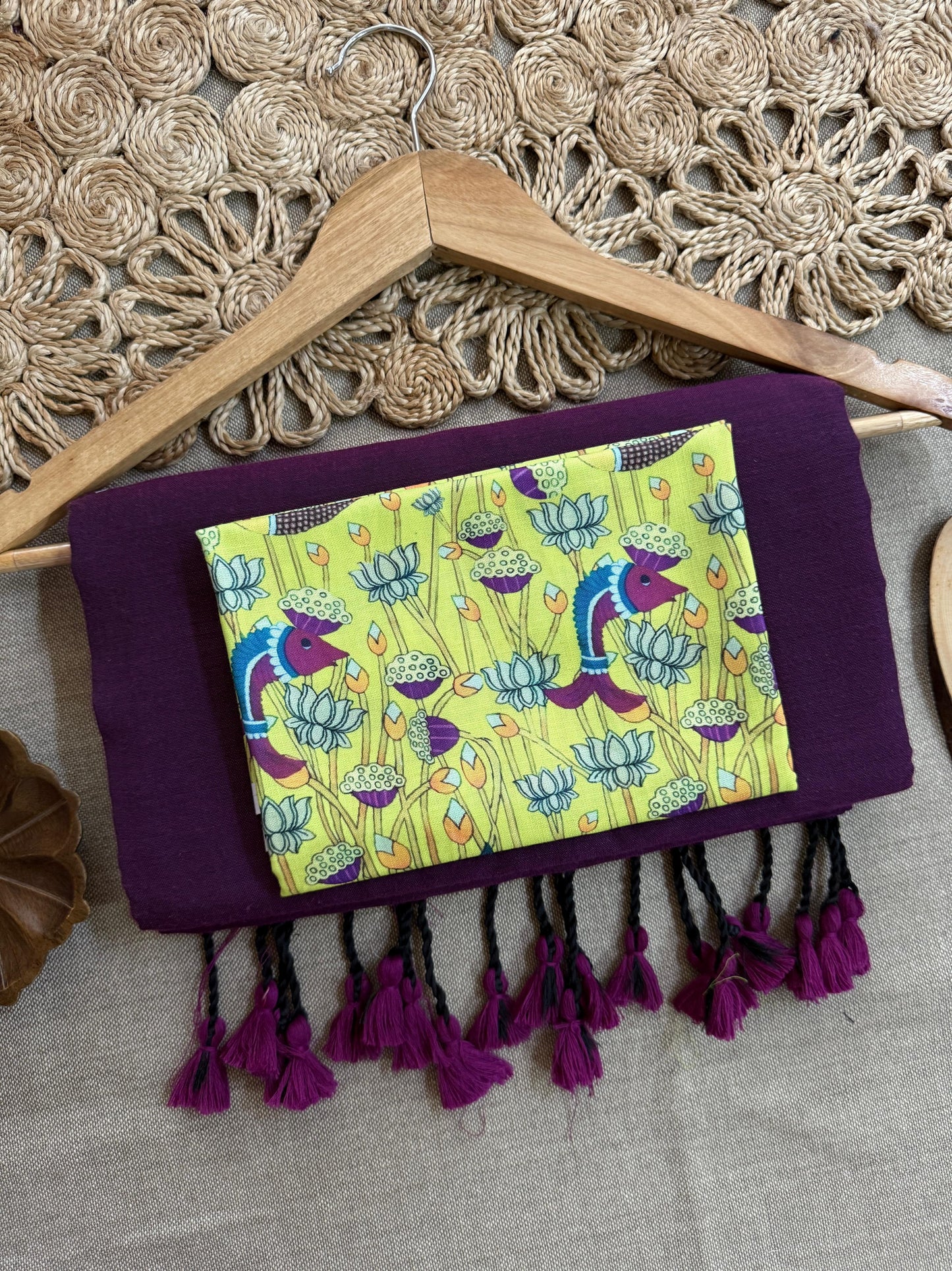 Dharma Exclusive - Wine Handloom Cotton Saree With Traditional Printed Blouse