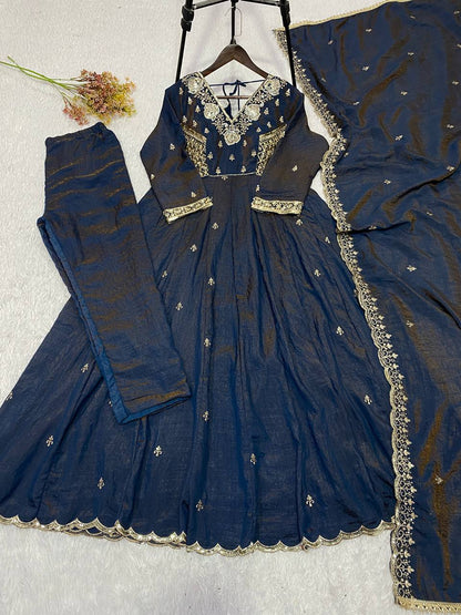 Deep Indigo Embroidered Vichitra Silk Anarkali Suit Set with Dupatta