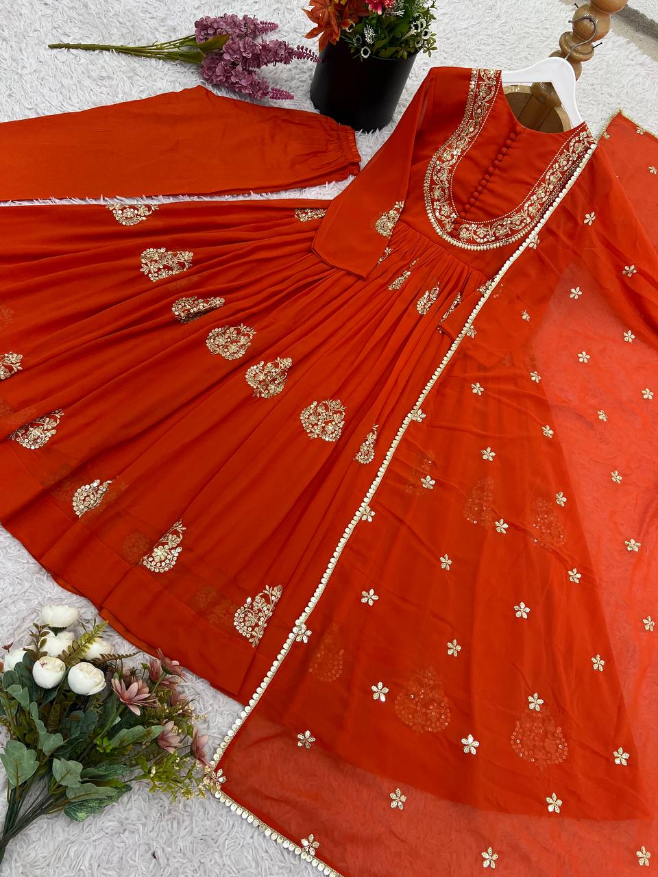 Designer Rust Orange Faux Georgette Embroidered Anarkali Suit Set with Dupatta