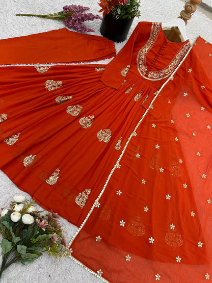 Designer Rust Orange Faux Georgette Embroidered Anarkali Suit Set with Dupatta