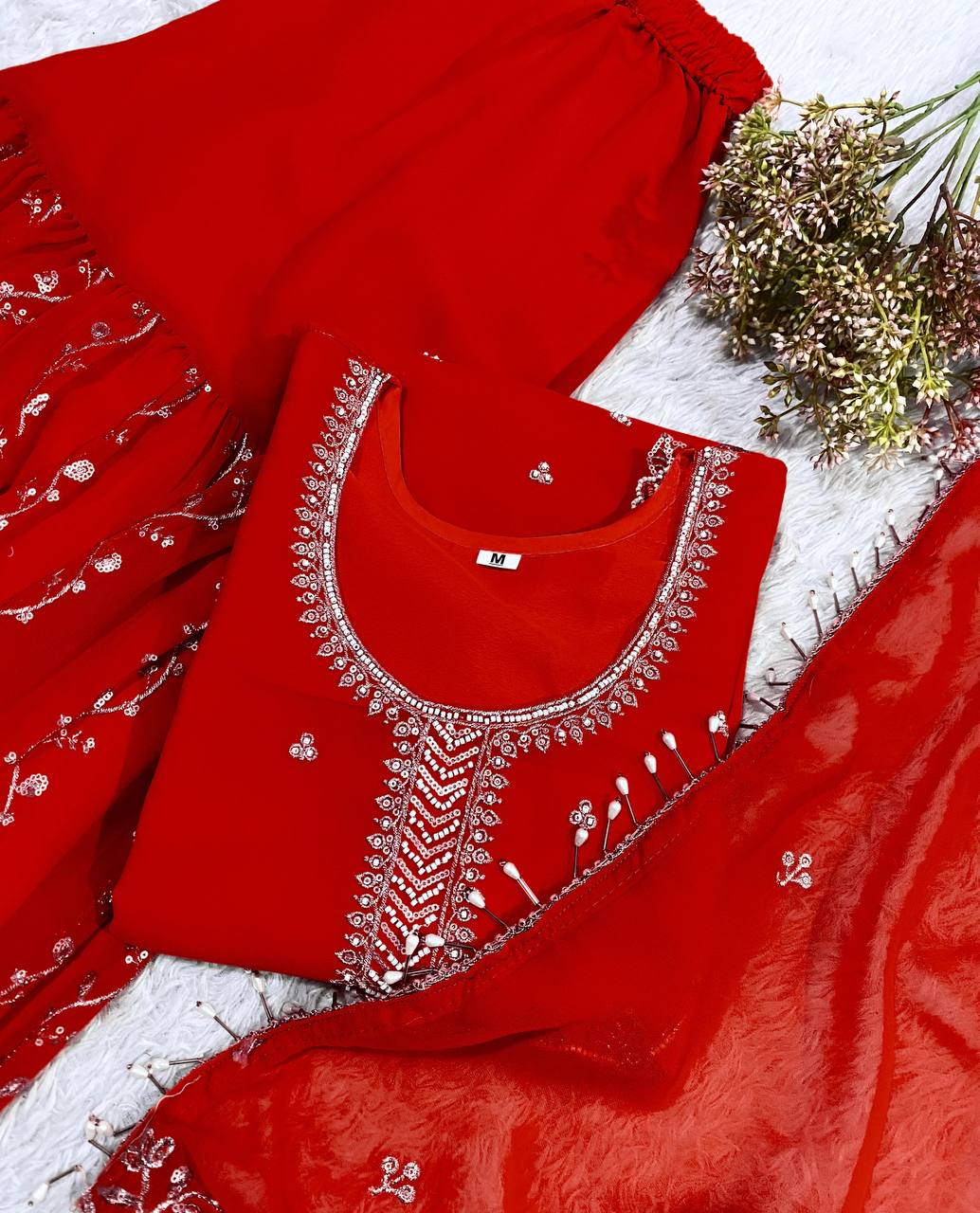 Festive Red Fox Georgette Designer Suit Set with Pearl Accent Dupatta