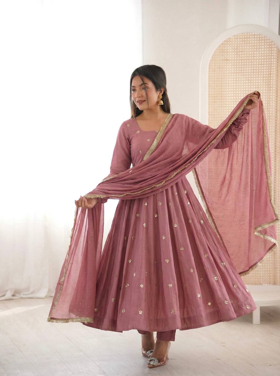 Premium Roman Silk Embroidered Anarkali Suit Set