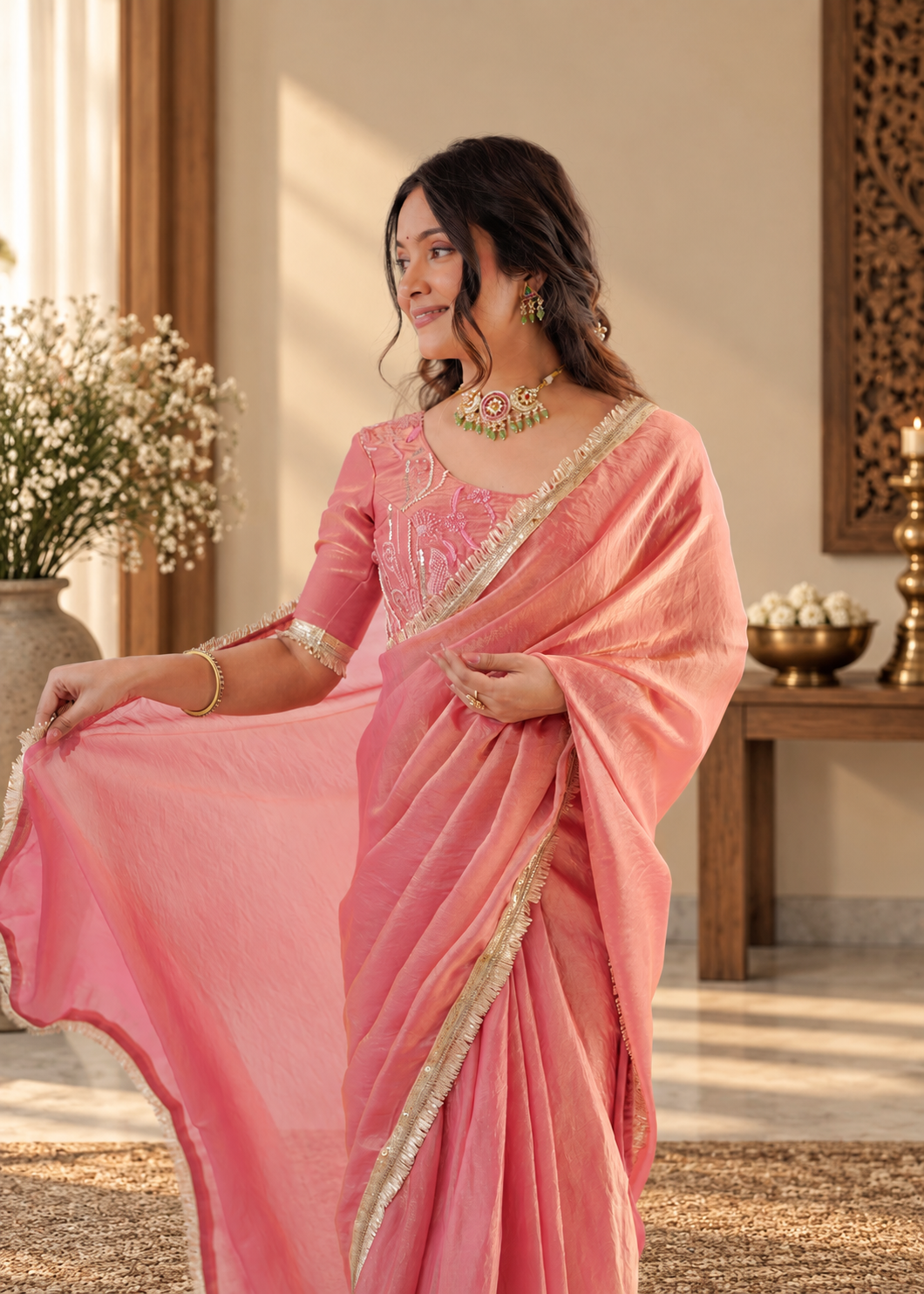 Elegant Rose Pink Fendy Silk Saree With Fancy Lace Work