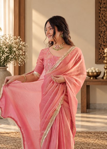 Elegant Rose Pink Fendy Silk Saree With Fancy Lace Work