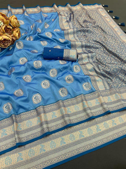Designer Sky Silk Saree with Rama Zari Border For Women
