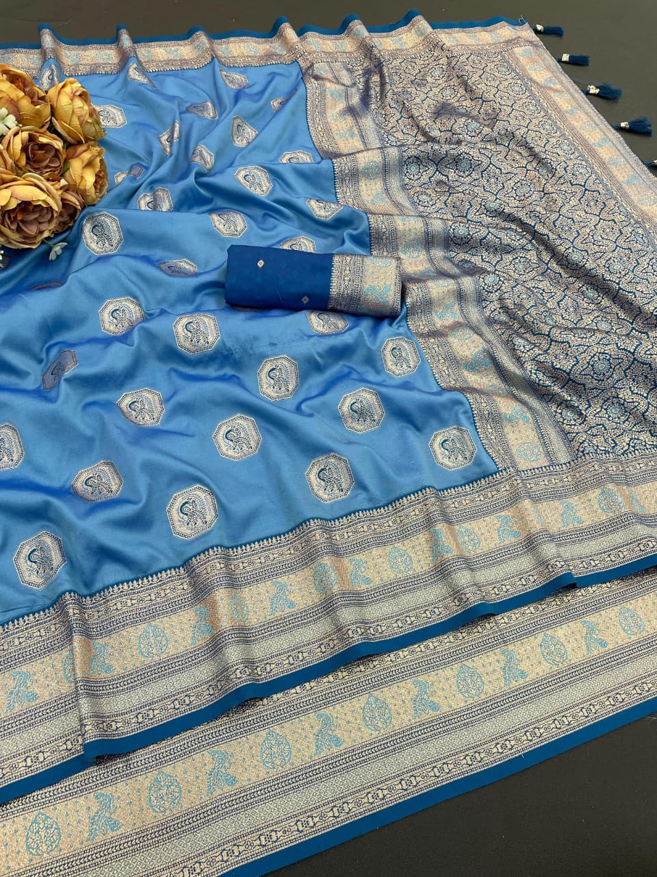 Designer Sky Silk Saree with Rama Zari Border For Women