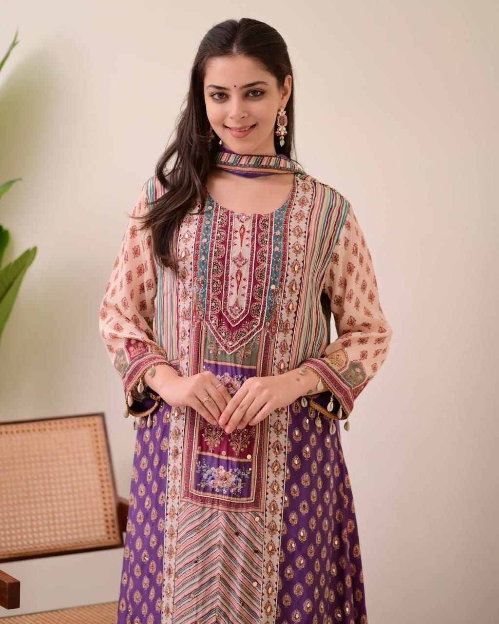 Attractive Violet Patchwork Printed Chinon Suit Set with Fancy Mirror Work