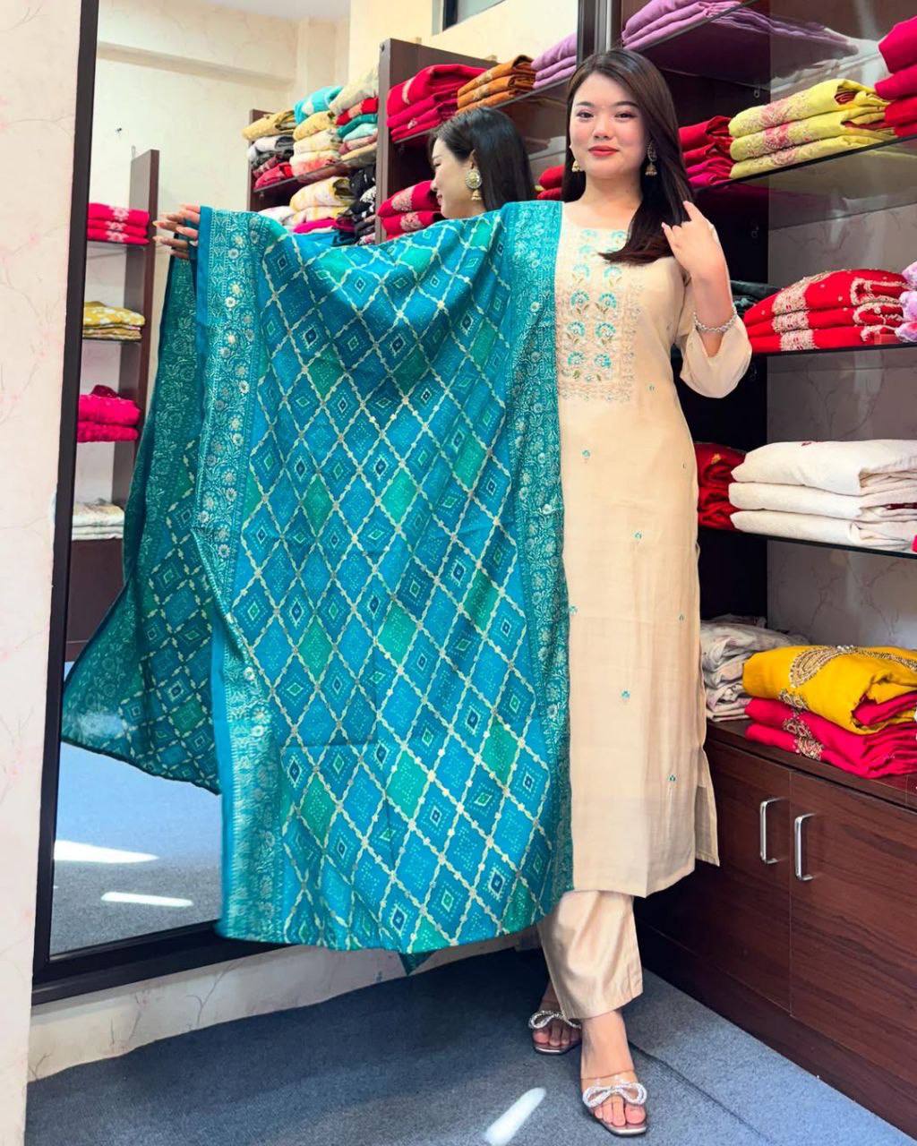 Premium Cream Roman Silk Embroidered Suit Set with Banarasi Dupatta