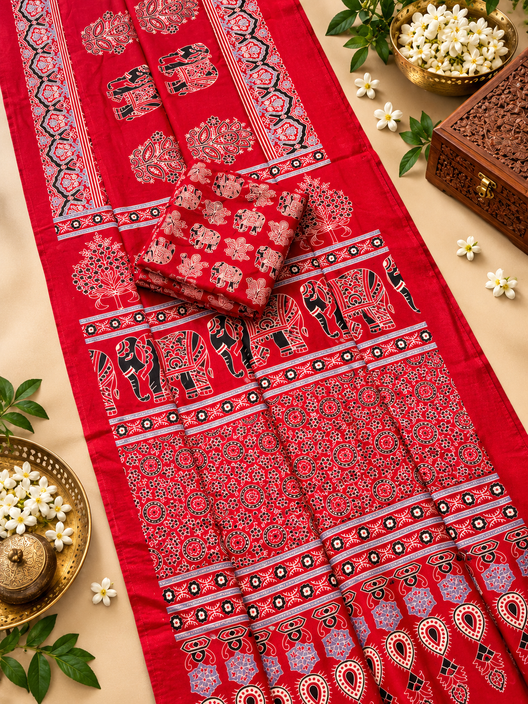 Tempting Red Gajji Silk Saree with Traditional Ajrakh Print