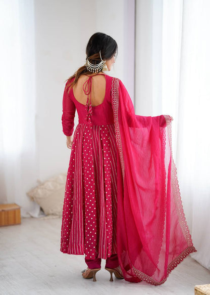 Vibrant Rani Pink Crunchy Silk Anarkali Suit Set with Floral Embroidery