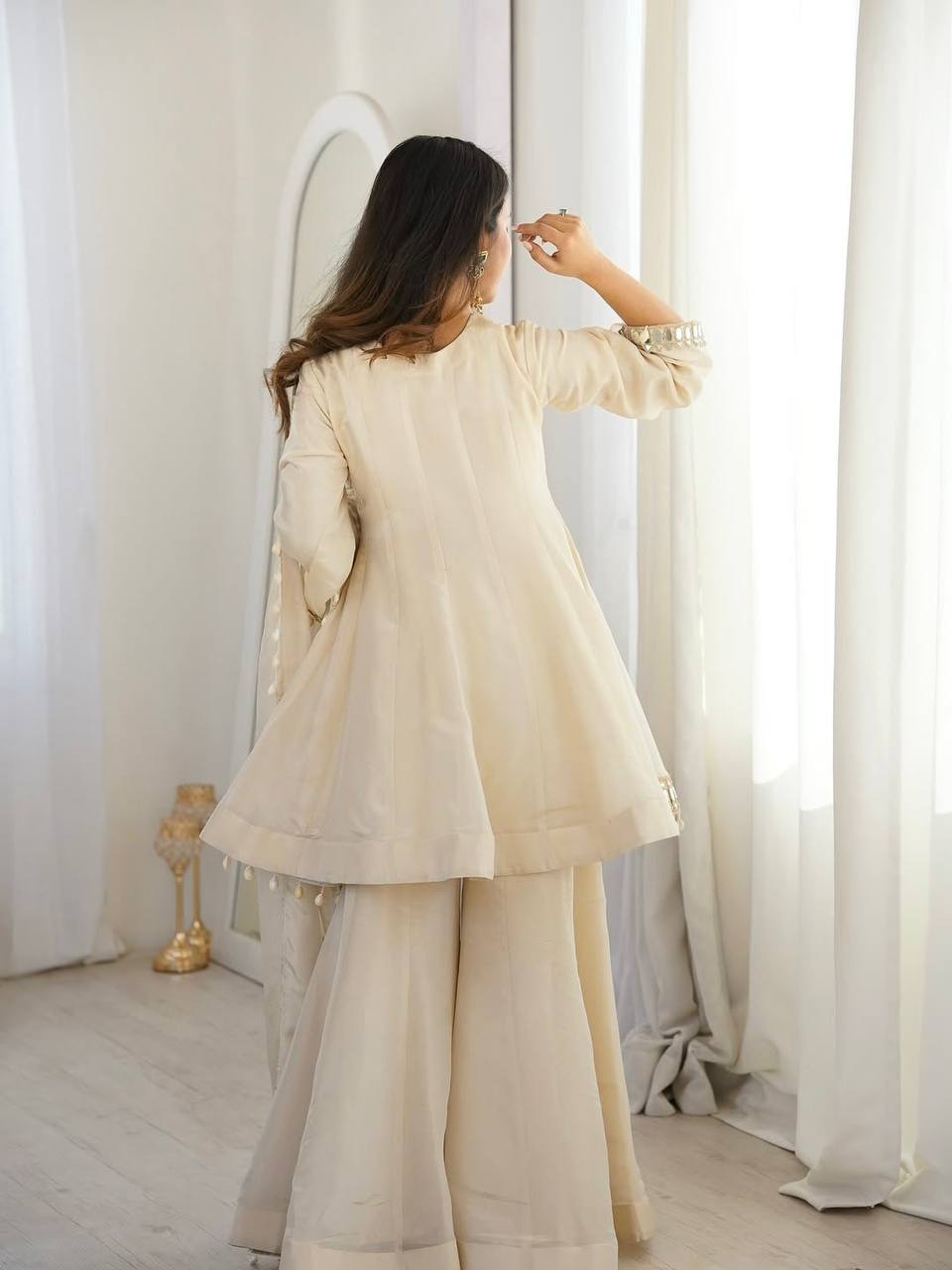 Tebby Organza Silk Peplum Sharara Set with Real Mirror Work Border