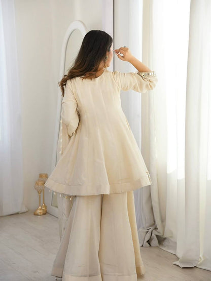 Tebby Organza Silk Peplum Sharara Set with Real Mirror Work Border