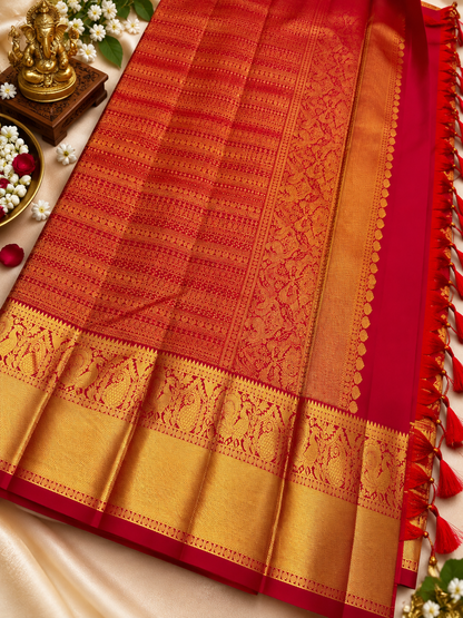 Beautiful Red Handwoven Soft Banarasi Silk Saree with Traditional Peacock Border