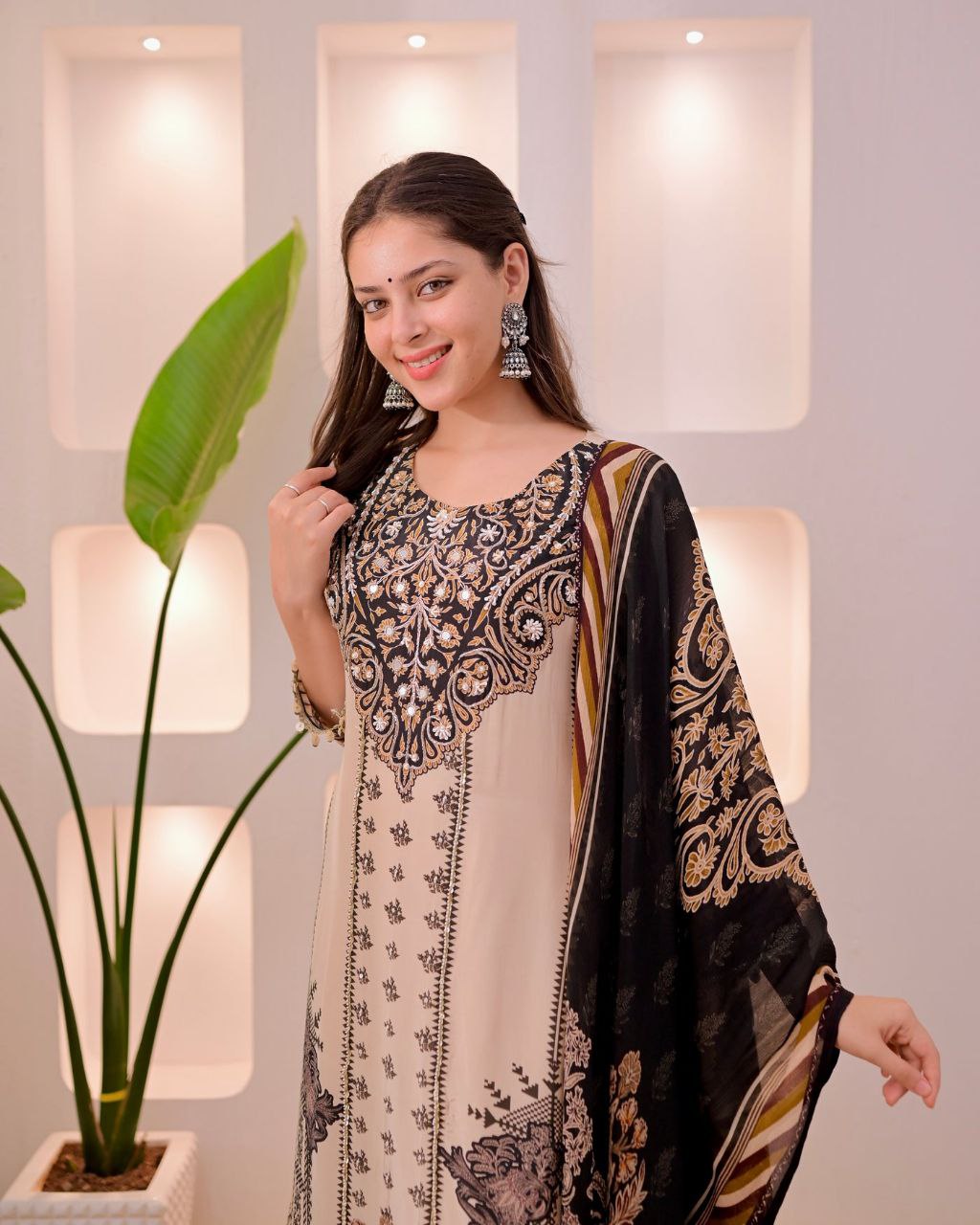 Dazzling Beige & Black Printed Pure Muslin Suit Set with Real Mirror Work