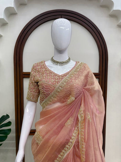 Elegant Onion Pink Pearl Work Salsa Silk Saree
