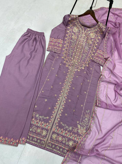 Premium Roman Silk Embroidery Suit Set With Dupatta