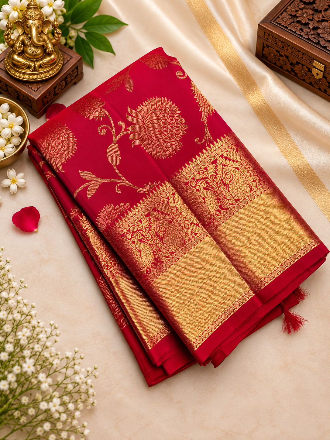 Beautiful Red Handwoven Soft Banarasi Silk Saree with Traditional Peacock Border