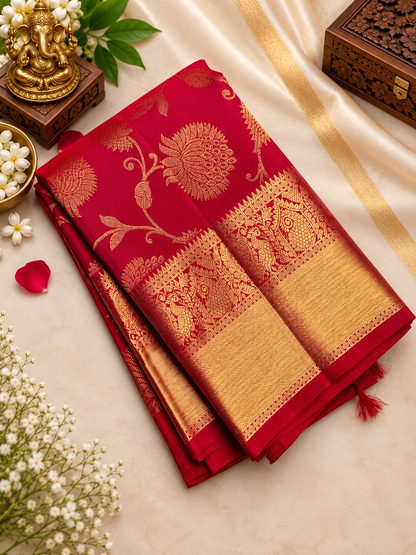 Beautiful Red Handwoven Soft Banarasi Silk Saree with Traditional Peacock Border