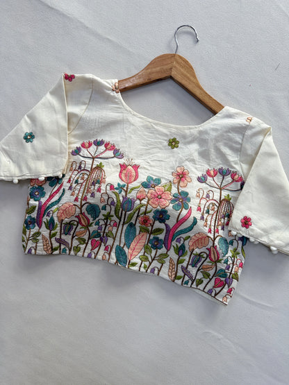 Rama Pure Handloom Cotton Saree With Stitched Embroidery Blouse