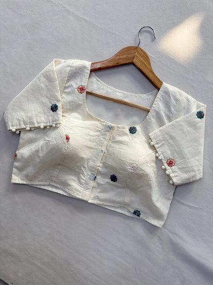 Rama Pure Handloom Cotton Saree With Stitched Embroidery Blouse