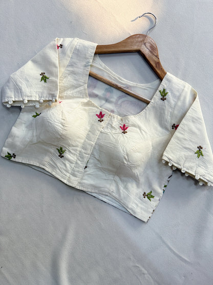 Pure Handloom Cotton Saree With Stitched Embroidery Blouse