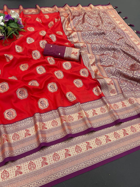 Designer Red Silk Saree With Royal Purple Zari Border For Women