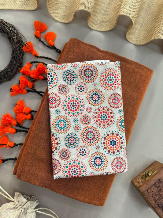 Orange Handloom Cotton Saree With Tassels & Ikkat Printed Blouse