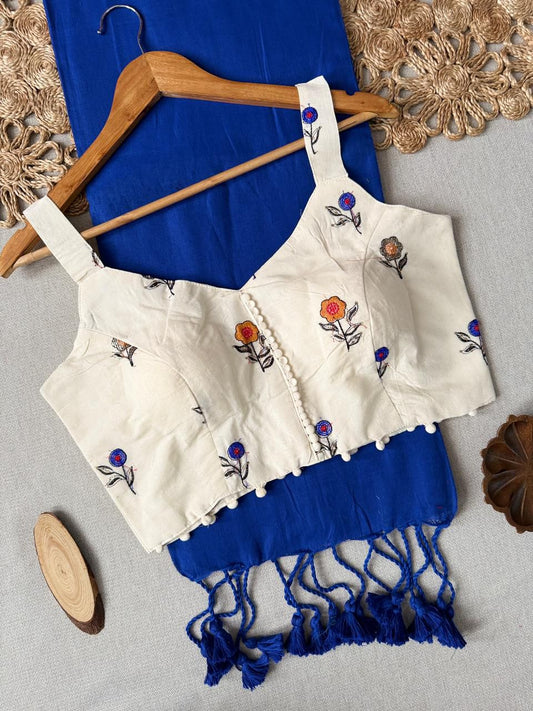 Dharma Exclusive - Navy Blue Handloom Cotton Saree With Havy Embroidery Stitched Blouse