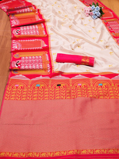 White & Red Soft Banarasi Silk Saree With Zari Weaving Work
