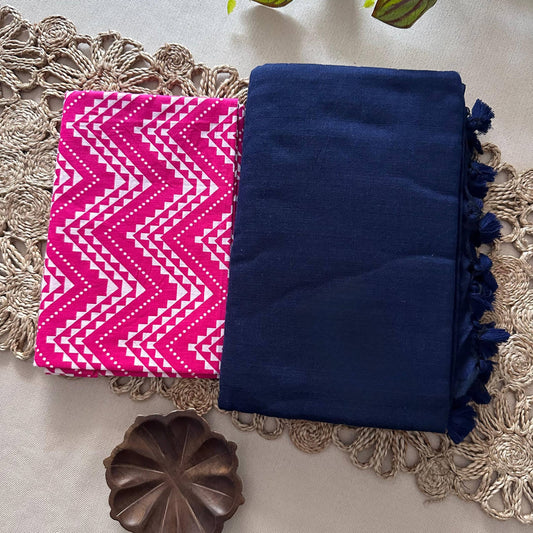 Dharma Exclusive - Navy Blue Handloom Cotton Saree With Traditional Printed Blouse