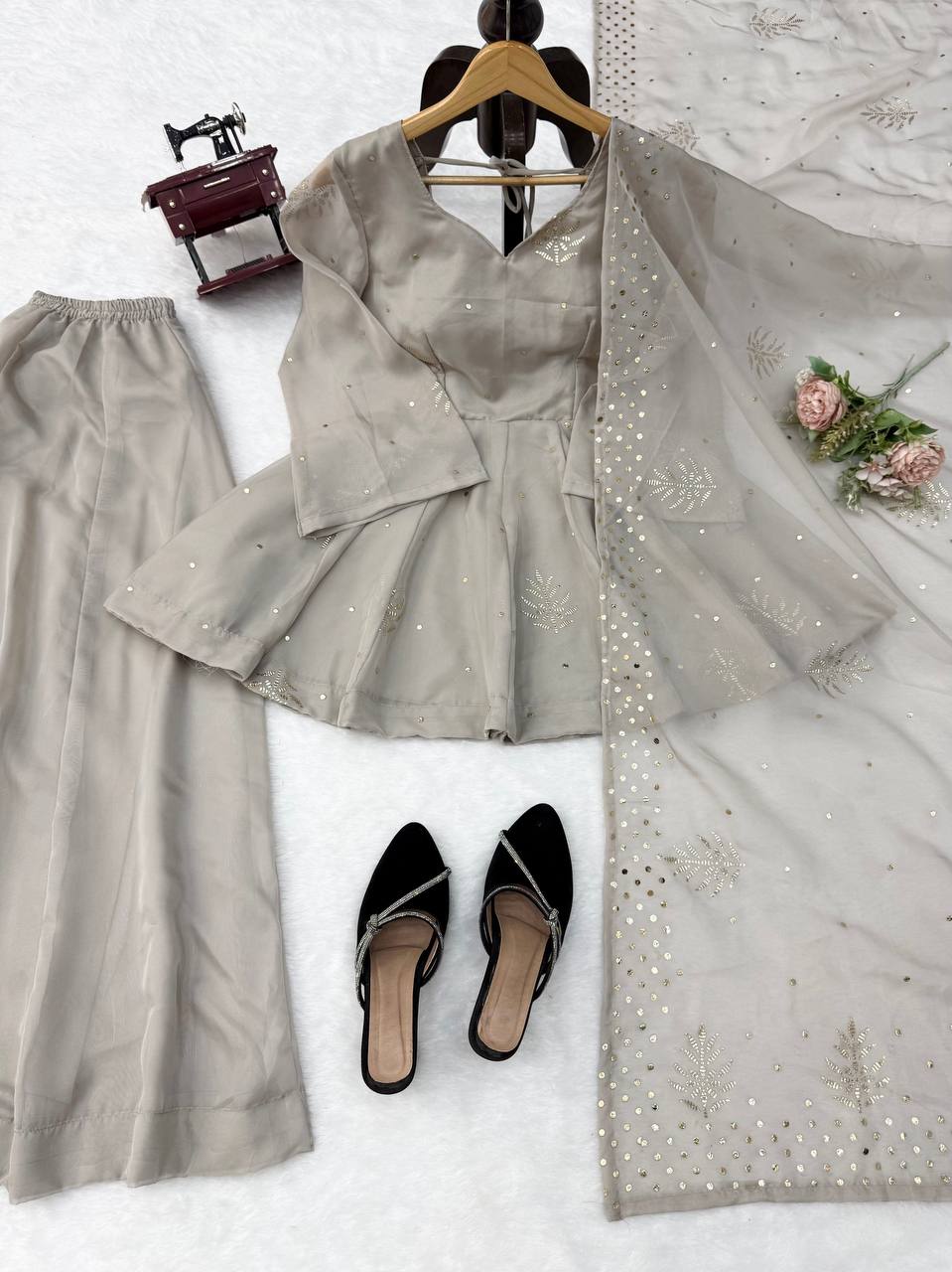 Very Attractive Grey Tabby Silk Sharara Suit with Foil Work