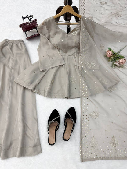 Very Attractive Grey Tabby Silk Sharara Suit with Foil Work