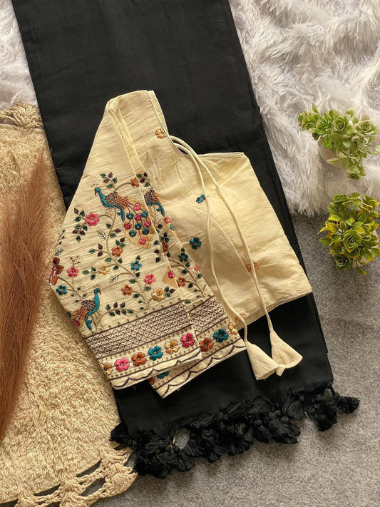 Black Handloom Cotton Saree With Havy Embroidery Stitched Blouse