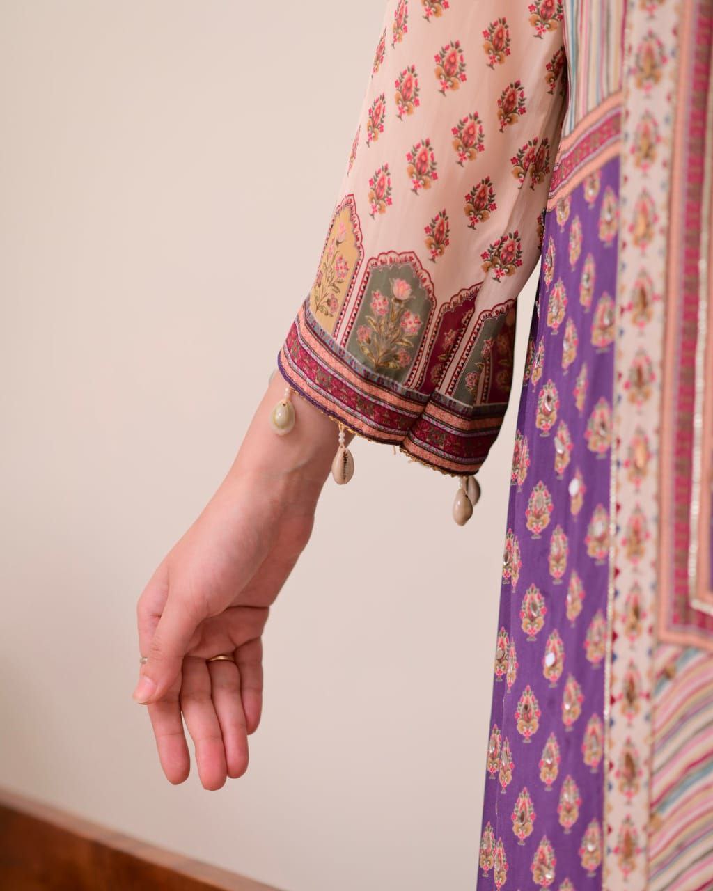 Attractive Violet Patchwork Printed Chinon Suit Set with Fancy Mirror Work