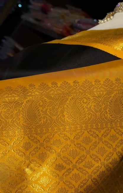 Elegant Black and Golden-Yellow Kanjivaram Style Silk Festive Saree