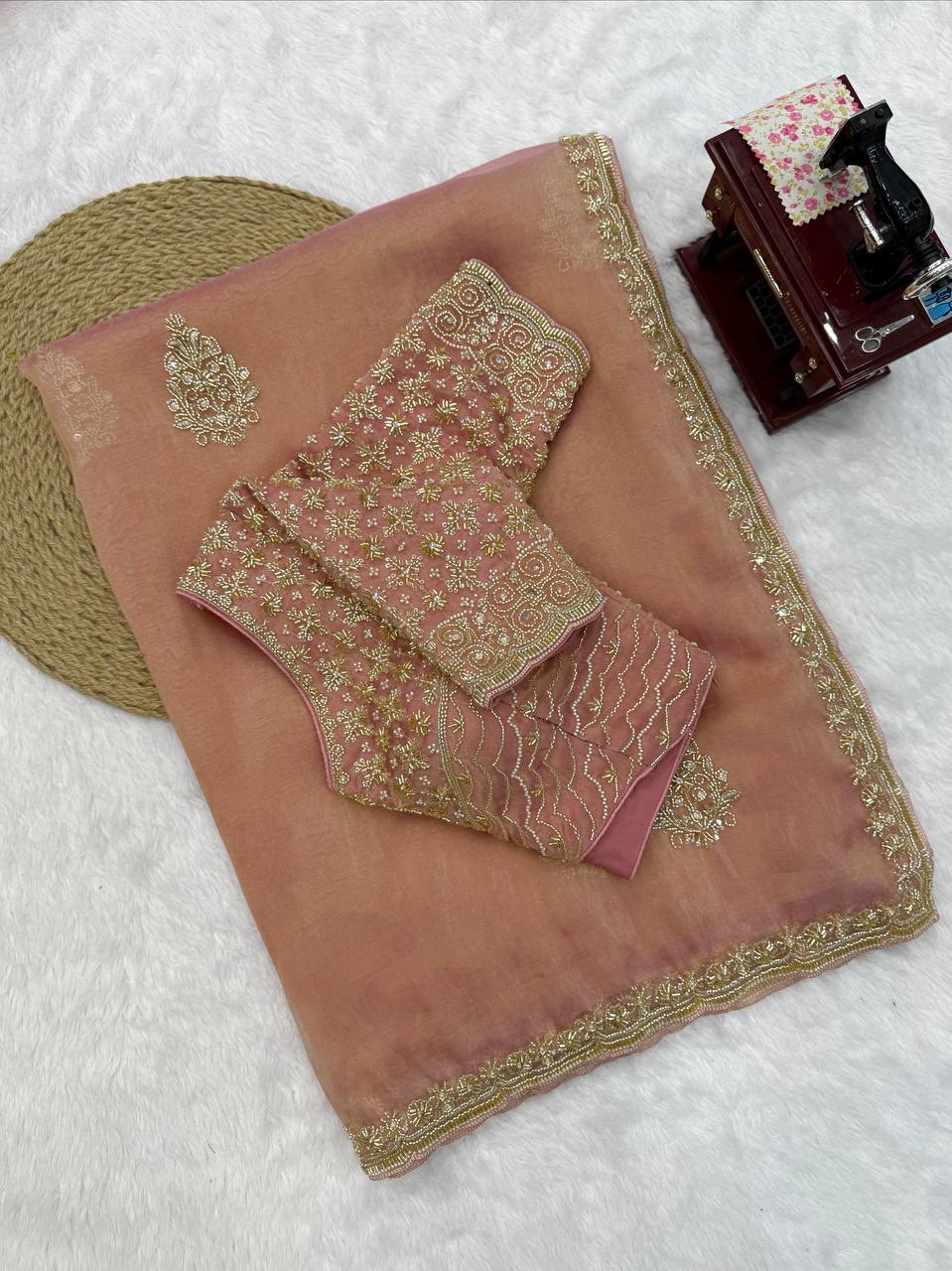 Elegant Onion Pink Pearl Work Salsa Silk Saree